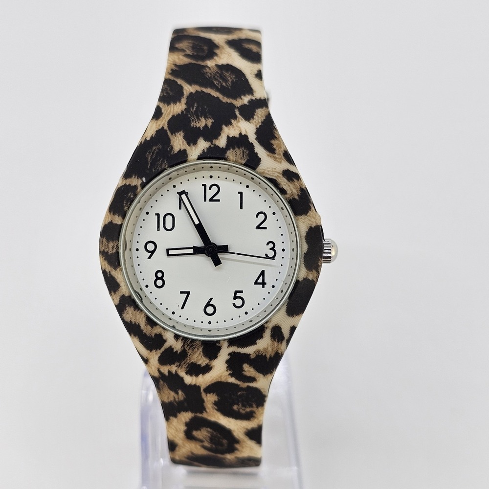 Women's Analog Watch 34MM White Dial Leopard Plastic Bands NEW Battery